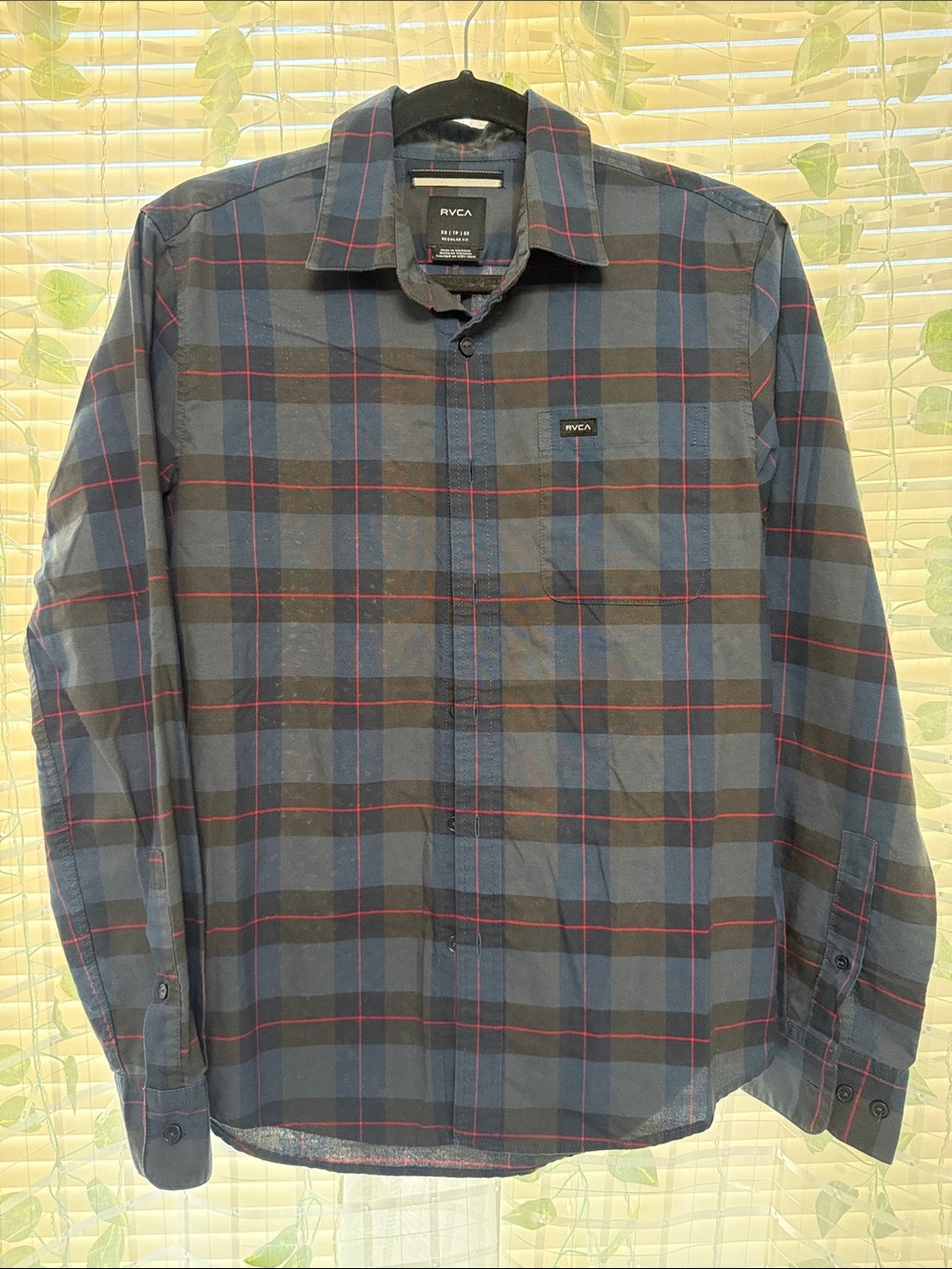 RVCA Men’s Navy and Black Plaid Button-Down Shirt with Red Accents